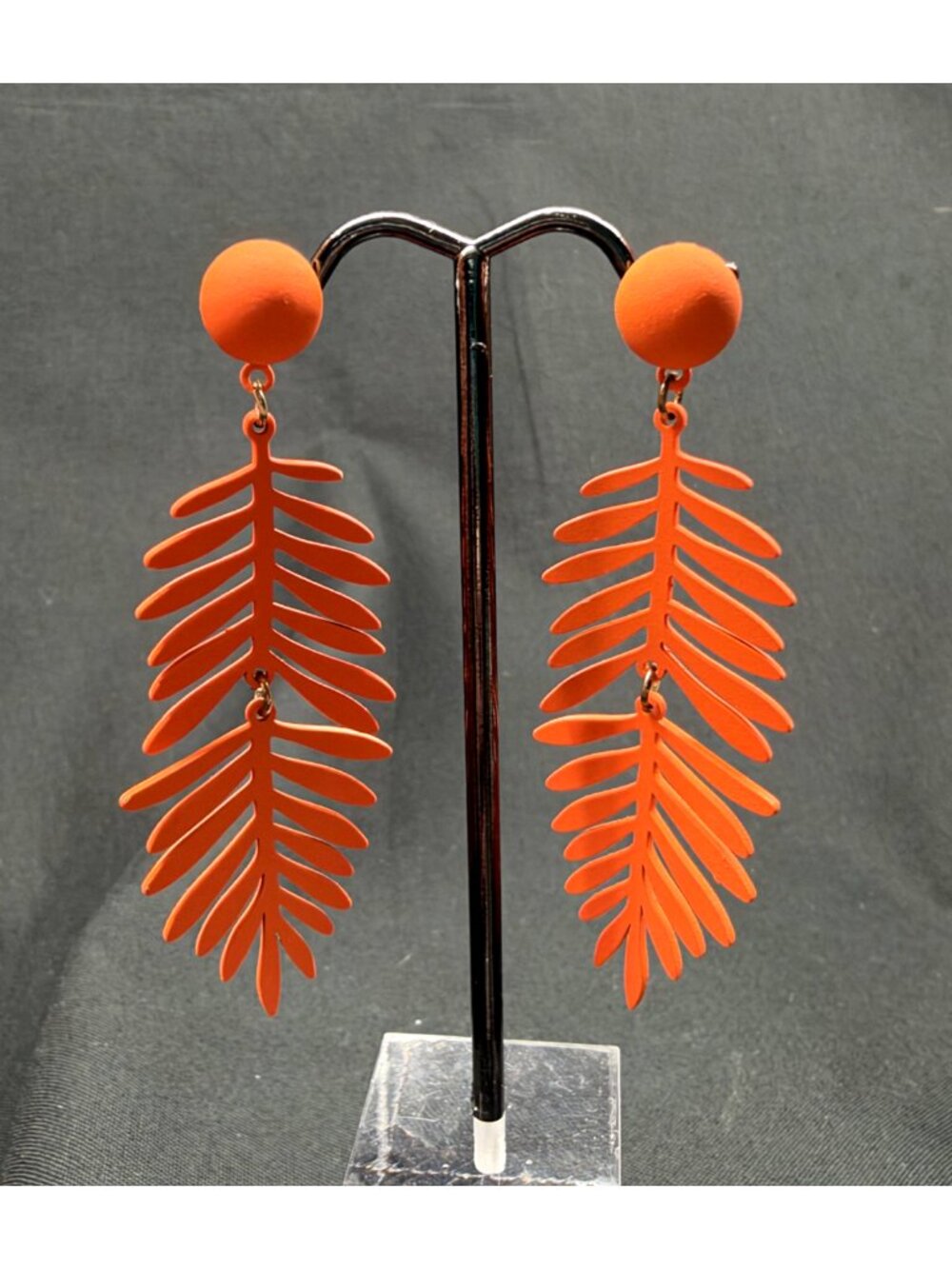 Orange Palm Leaf Dandle Earrings Lightweight Metal Tropical Statement Jewelry